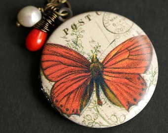 Orange Butterfly Locket Necklace. Butterfly Necklace with Orange Coral Teardrop and Fresh Water Pearl. Orange Necklace. Bronze Locket.