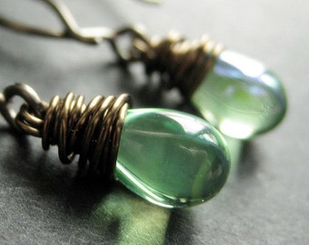 BRONZE Earrings - Spring Green Earrings with Glass Teardrops, Wire Wrapped Earrings. Handmade Jewelry.