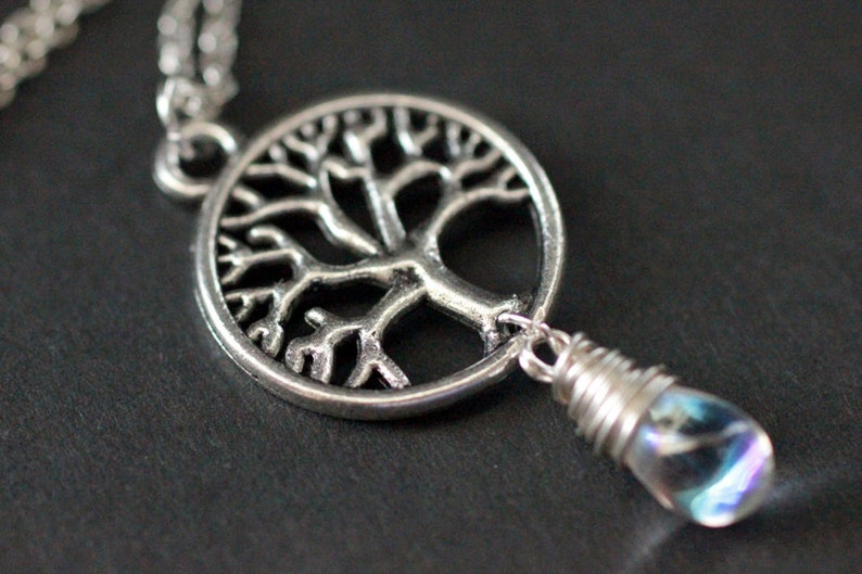 Tree Necklace. Tree of Life Necklace in Silver. Wire Wrapped Clear Teardrop Necklace. Handmade Jewelry. image 1