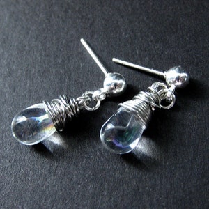 Silver Post Earrings. Teardrop Dangle Earrings. Clear Teardrop Stud Earrings. Bridesmaid Earrings. Wire Wrapped Earrings. Handmade Jewelry. image 1