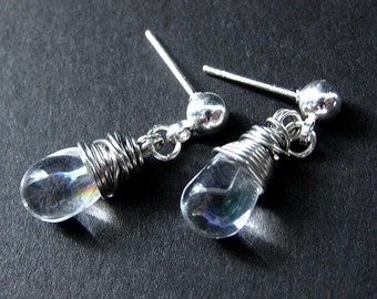Silver Post Earrings. Teardrop Dangle Earrings. Clear Teardrop Stud Earrings. Bridesmaid Earrings. Wire Wrapped Earrings. Handmade Jewelry.