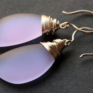 Lavender Seaglass Earrings. Lavender Earrings. Lavender Sea Glass Earrings. Wire Wrapped Wing Earrings. Handmade Jewelry.