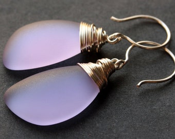 Lavender Seaglass Earrings. Lavender Earrings. Lavender Sea Glass Earrings. Wire Wrapped Wing Earrings. Handmade Jewelry.