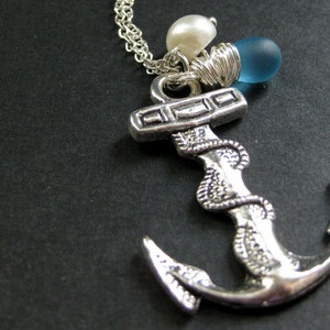 Nautical Anchor Necklace. Naval Necklace in Silver with Turquoise Teardrop and Fresh Water Pearl. Handmade Jewelry.