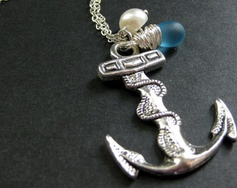 Nautical Anchor Necklace. Naval Necklace in Silver with Turquoise Teardrop and Fresh Water Pearl. Handmade Jewelry.