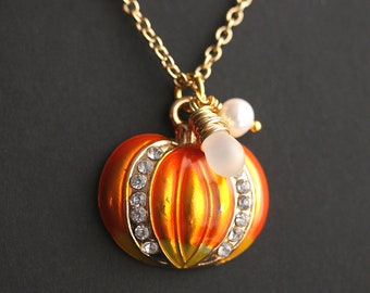 Enameled Pumpkin Necklace. Orange Necklace. Halloween Necklace. Rhinestone Pumpkin Charm Necklace with Glass Teardrop and Fresh Water Pearl.