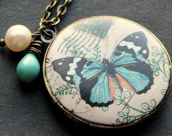 Aqua Butterfly Locket Necklace. Butterfly Necklace with Aqua Teardrop and Fresh Water Pearl. Handmade Jewelry.