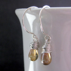 Dangle Earrings: Wire Wrapped Earrings in Champagne Shimmer and Silver. Drop Earrings. Handmade Jewelry. image 4