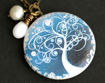 Winter Tree Locket Necklace. White Tree Necklace with White Teardrop and Fresh Water Pearl. Blue Necklace. Handmade Jewelry.