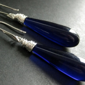 Long Earrings. Cobalt Blue Earrings. Extra Long Dangle Earrings Wire Wrapped in Silver. Handmade Jewelry.