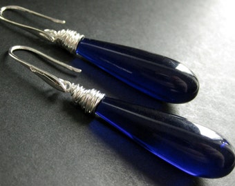 Long Earrings. Cobalt Blue Earrings. Extra Long Dangle Earrings Wire Wrapped in Silver. Handmade Jewelry.