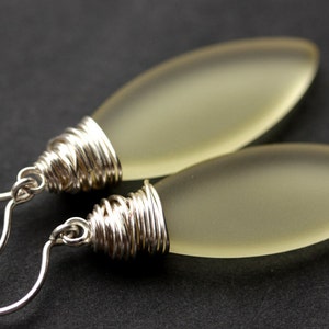 Pale Yellow Seaglass Earrings. Seaglass Dangle Earrings. Marquis Style Frosted Earrings. Wire Wrapped Earrings. Handmade Jewelry. image 3