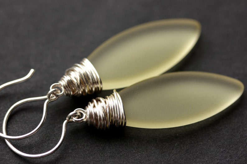 Pale Yellow Seaglass Earrings. Seaglass Dangle Earrings. Marquis Style Frosted Earrings. Wire Wrapped Earrings. Handmade Jewelry. image 3
