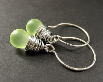 Wire Wrapped Lemon Lime Frosted Teardrop Earrings in Silver. Handmade Jewelry.