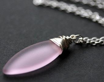 Pink Seaglass Necklace. Pink Necklace. Pink Frosted Glass Necklace. Marquis Necklace in Silver. Handmade Jewelry.