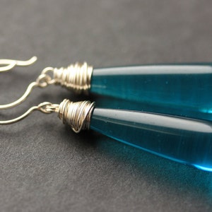 Teal Blue Earrings. Long Earrings. Teal Dangle Earrings. Long Teardrop Earrings. Teal Earrings. Wire Wrapped Earrings. Handmade Jewelry image 3