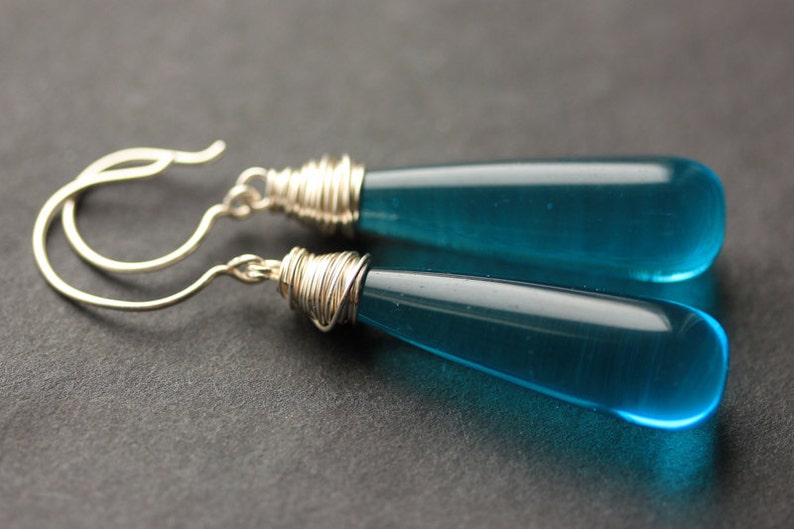 Teal Blue Earrings. Long Earrings. Teal Dangle Earrings. Long Teardrop Earrings. Teal Earrings. Wire Wrapped Earrings. Handmade Jewelry image 3