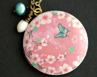 Butterfly Locket Necklace. Pink Cherry Blossoms Necklace with White Coral Teardrop and Turquoise Fresh Water Pearl. Pink Flower Necklace.