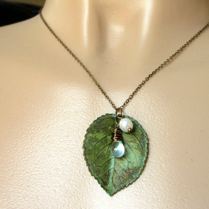 Leaf Necklace Charm Necklace in Green with Wire Wrapped Teardrop and Fresh Water Pearl. Handmade Jewelry. image 3