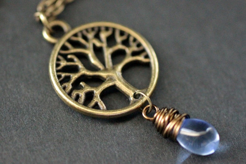 Tree of Life Necklace. Bronze Tree Necklace in Bronze Wire Wrapped Blue Teardrop Necklace. Handmade Jewellery. image 1