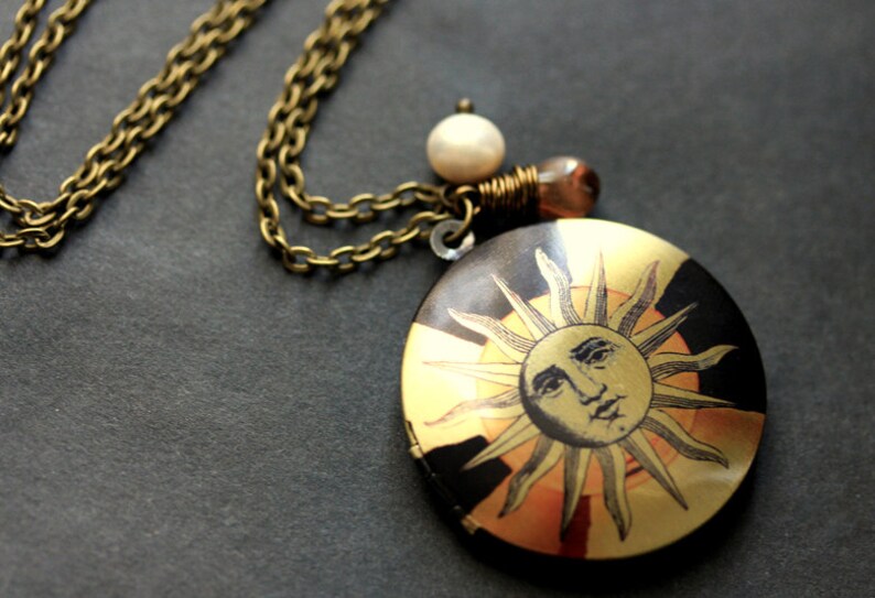Sun Chain Locket Sun Necklace. Sun Locket Necklace. Celestial Bronze Necklace With Glass ...