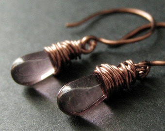 COPPER Earrings - Purple Dangle Earrings, Wire Wrapped Copper Drop Earrings. Handmade Jewelry.