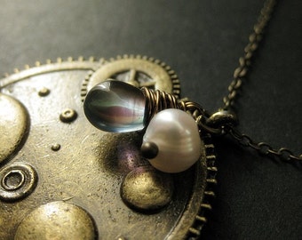 Universe Necklace. Space Necklace. Galaxy Pendant in Bronze with Teardrop and Pearl. Handmade Jewelry.