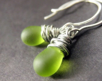 STERLING SILVER Wire Wrapped Earrings - Grass Green Frosted Teardrop Earrings. Handmade Jewelry.