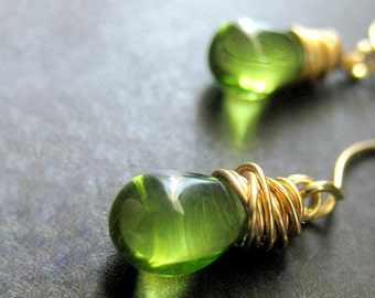 14K GOLD Wire Wrapped Earrings - Absinthe Green Teardrop Earrings. Handmade Jewelry.