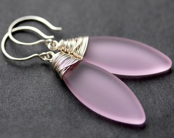 Pink Seaglass Earrings. Seaglass Dangle Earrings. Marquis Style Frosted Earrings. Wire Wrapped Earrings. Handmade Jewelry.