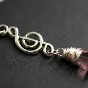 Purple Teardrop Necklace. Musical Note Necklace. Music Necklace. Treble Clef Necklace in Silver. Handmade Jewelry.