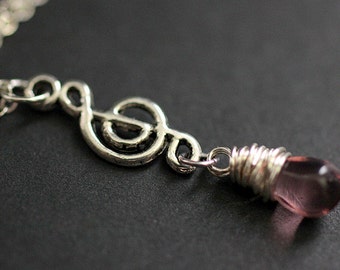 Purple Teardrop Necklace. Musical Note Necklace. Music Necklace. Treble Clef Necklace in Silver. Handmade Jewelry.