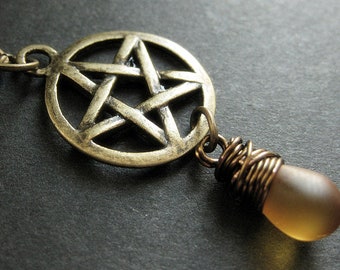 Pagan Jewelry. Pentacle Necklace. Clouded Honey Teardrop Pendant Necklace. Bronze Pentagram Necklace. Handmade Jewelry.