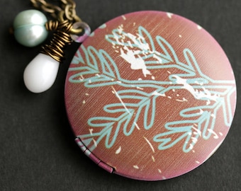 Distressed Locket Necklace. Woodland Necklace. Tree Branch Necklace with White Teardrop and Aqua Fresh Water Pearl. Handmade Jewelry.