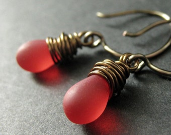 BRONZE Earrings - Clouded Red Dangle Earrings. Drop Earrings. Wire Wrapped Earrings. Handmade Jewelry.