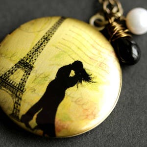 Love In Paris Locket Necklace. Eiffel Tower Necklace with Black Teardrop and Fresh Water Pearl. Romantic Paris Necklace. Handmade Jewelry.