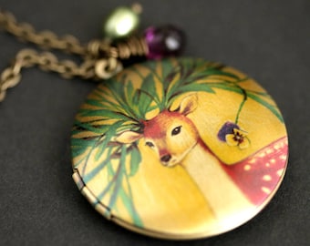 Pansy the Reindeer Locket Necklace. Reindeer Necklace with Purple Teardrop and Fresh Water Pearl. Deer Necklace. Woodland Necklace.