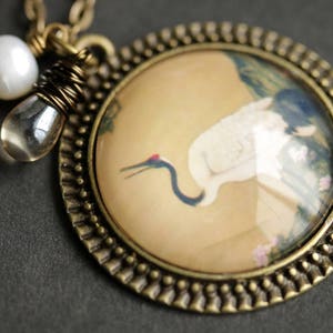 Japanese Crane Necklace. Crane Pendant. Bird Necklace with Pale Taupe Teardrop and Fresh Water Pearl. Heron Necklace. Bronze Necklace.
