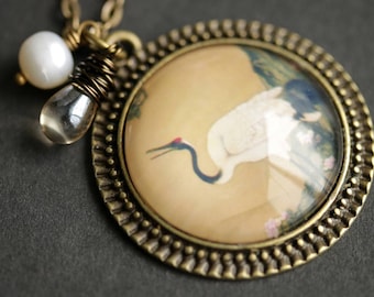 Japanese Crane Necklace. Crane Pendant. Bird Necklace with Pale Taupe Teardrop and Fresh Water Pearl. Heron Necklace. Bronze Necklace.