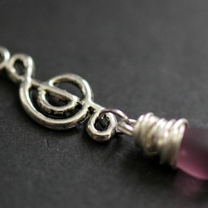 Music Necklace. Frosted Purple Teardrop Necklace. Treble Clef Necklace. Musical Note Necklace in Silver. Handmade Jewelry.