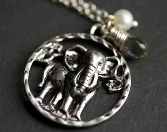 Elephant Necklace. African Elephant Charm Necklace with Glass Teardrop and Fresh Water Pearl. Elephant Jewelry. Handmade Jewellery.