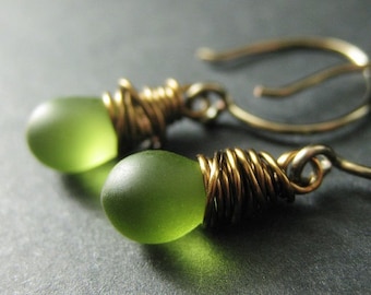 BRONZE Earrings - Frosted Green Dangle Earrings, Wire Wrapped Drop Earrings. Handmade Jewelry.