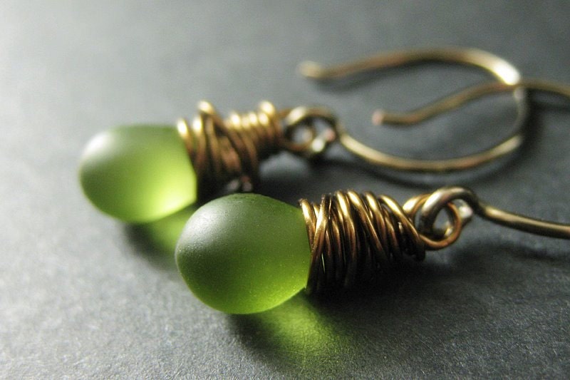BRONZE Earrings - Frosted Green Dangle Earrings, Wire Wrapped Drop Earrings. Handmade Jewelry.