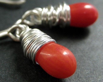 Orange Coral Earrings. Teardrop Earrings Wire Wrapped in Silver. Handmade Jewelry.