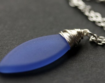 Sapphire Seaglass Necklace. Blue Necklace. Blue Frosted Glass Necklace. Marquis Necklace in Silver. Handmade Jewelry.