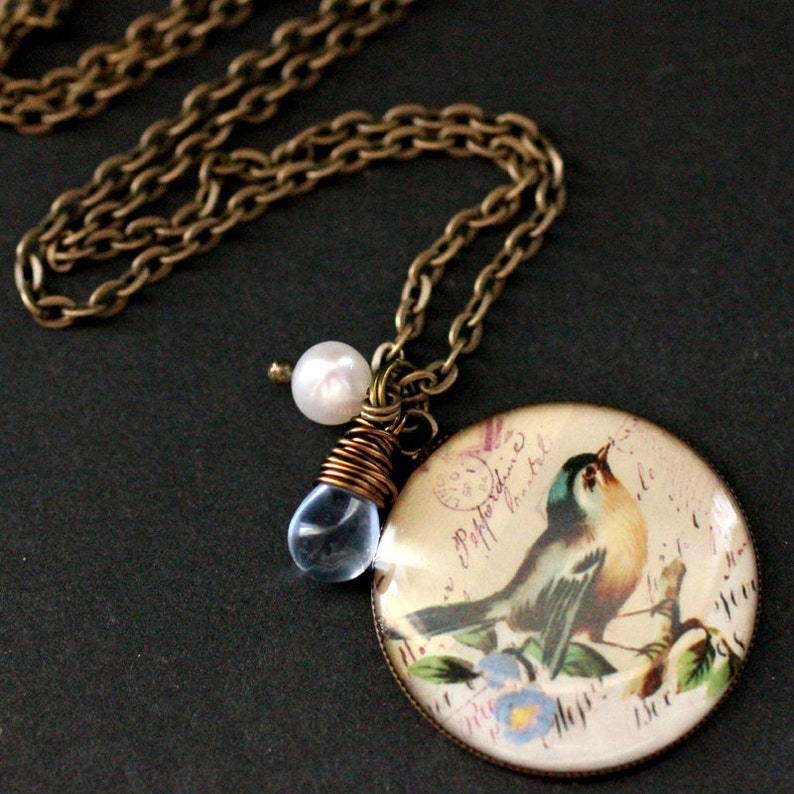 Song Bird Necklace. Bird Necklace. Song Bird Pendant with Wire Wrapped Teardrop and Fresh Water Pearl. Bird Jewelry. Handmade Jewelry. image 2