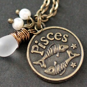 Pisces Necklace. Zodiac Necklace. Sun Sign Charm Necklace with Glass Teardrop and Pearls. Handmade Jewelry. image 1