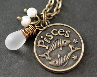 Pisces Necklace. Zodiac Necklace. Sun Sign Charm Necklace with Glass Teardrop and Pearls. Handmade Jewelry.