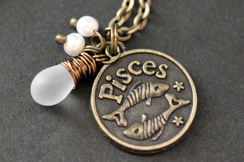 Pisces Necklace. Zodiac Necklace. Sun Sign Charm Necklace with Glass Teardrop and Pearls. Handmade Jewelry. image 1