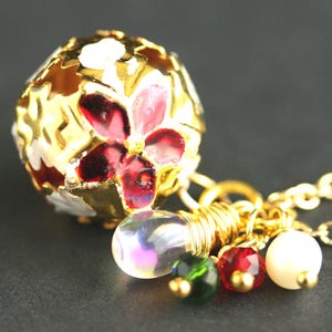 Holiday Bell Necklace. Christmas Necklace in Red and Green. Gold Bell Necklace. Holiday Necklace. Poinsettia Necklace. Handmade Jewelry. image 1